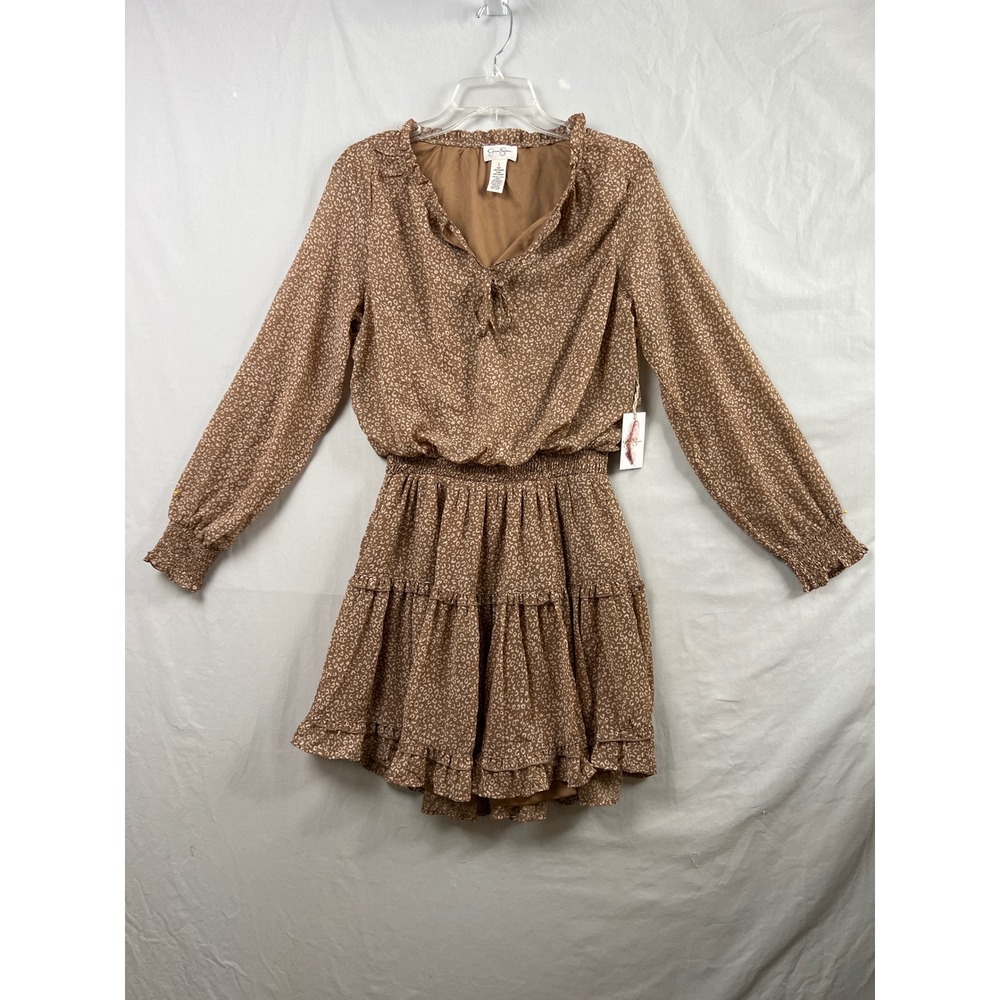 Jessica Simpson Dress Womens Large Brown Cheetah Print Smocked Tiered Ruffle New